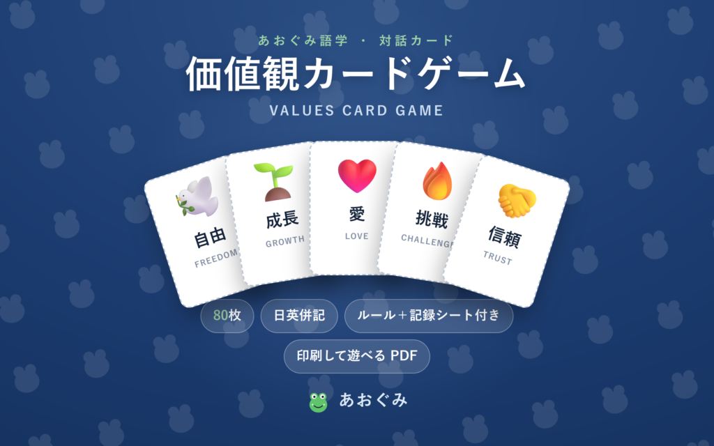 価値観カードゲーム（80枚・日英併記）。自由・成長・愛・挑戦・信頼など価値観を語り合う対話カード。印刷して遊べるPDF